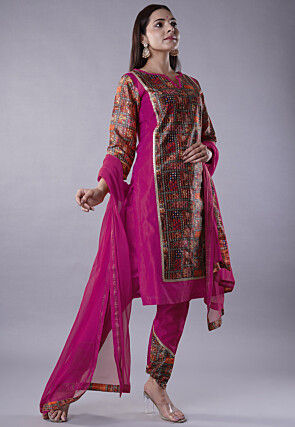 Digital Printed Raw Silk Punjabi Suit in Magenta and Multicolor