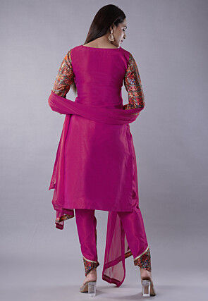 Digital Printed Raw Silk Punjabi Suit in Magenta and Multicolor