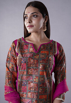 Digital Printed Raw Silk Punjabi Suit in Magenta and Multicolor