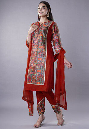 Digital Printed Raw Silk Punjabi Suit in Maroon and Multicolor