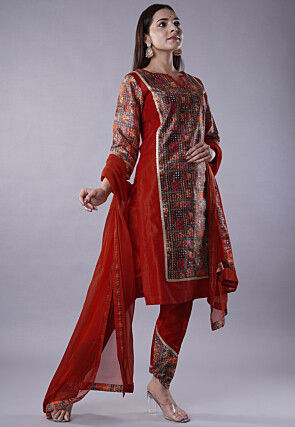 Digital Printed Raw Silk Punjabi Suit in Maroon and Multicolor