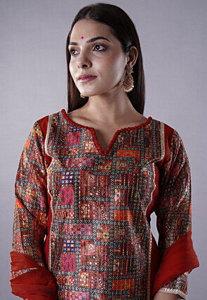 Digital Printed Raw Silk Punjabi Suit in Maroon and Multicolor