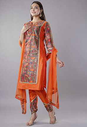 Digital Printed Raw Silk Punjabi Suit in Multicolor