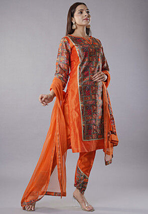 Digital Printed Raw Silk Punjabi Suit in Multicolor
