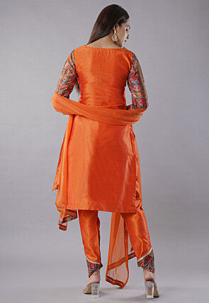 Digital Printed Raw Silk Punjabi Suit in Multicolor