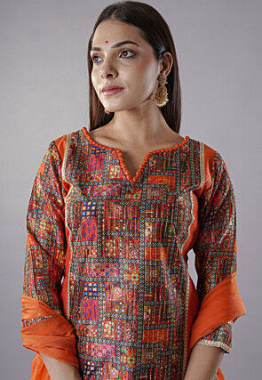Digital Printed Raw Silk Punjabi Suit in Multicolor