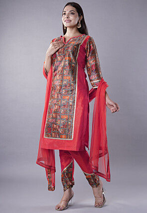 Digital Printed Raw Silk Punjabi Suit in Pink and Multicolor