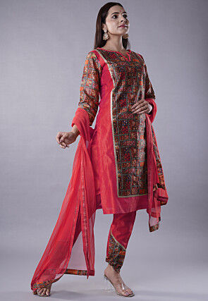 Digital Printed Raw Silk Punjabi Suit in Pink and Multicolor
