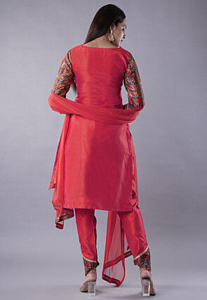 Digital Printed Raw Silk Punjabi Suit in Pink and Multicolor