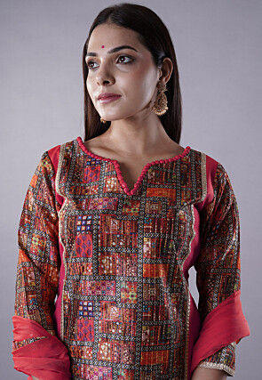 Digital Printed Raw Silk Punjabi Suit in Pink and Multicolor