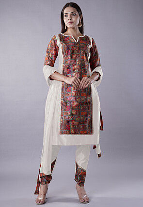 Digital Printed Raw Silk Punjabi Suit in White and Multicolor