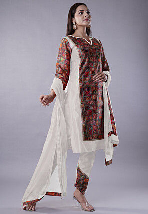 Digital Printed Raw Silk Punjabi Suit in White and Multicolor