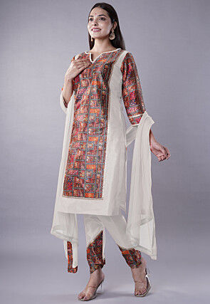 Digital Printed Raw Silk Punjabi Suit in White and Multicolor