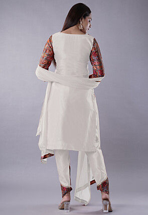 Digital Printed Raw Silk Punjabi Suit in White and Multicolor