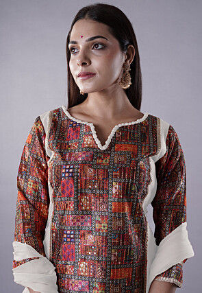 Digital Printed Raw Silk Punjabi Suit in White and Multicolor