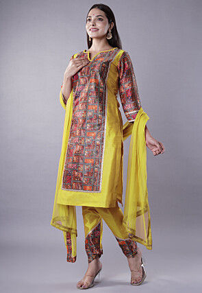 Digital Printed Raw Silk Punjabi Suit in Yellow and Multicolor