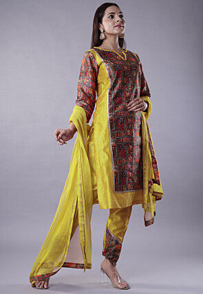 Digital Printed Raw Silk Punjabi Suit in Yellow and Multicolor