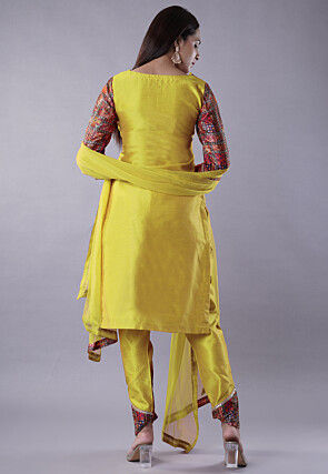 Digital Printed Raw Silk Punjabi Suit in Yellow and Multicolor