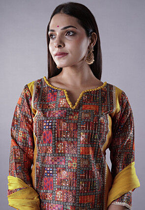 Digital Printed Raw Silk Punjabi Suit in Yellow and Multicolor