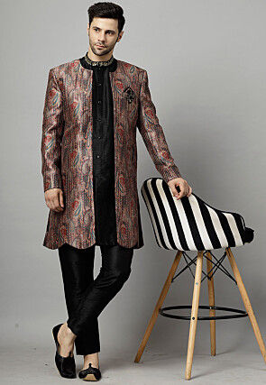 Digital Printed Raw Silk Sherwani in Multicolor and Black