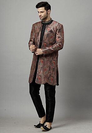 Digital Printed Raw Silk Sherwani in Multicolor and Black