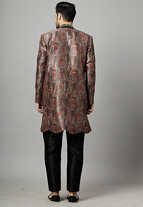 Digital Printed Raw Silk Sherwani in Multicolor and Black