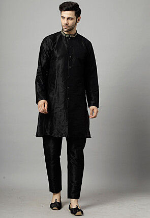Digital Printed Raw Silk Sherwani in Multicolor and Black