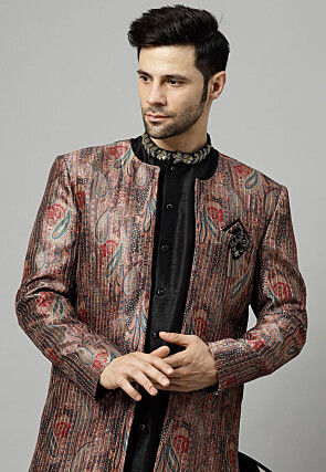 Digital Printed Raw Silk Sherwani in Multicolor and Black