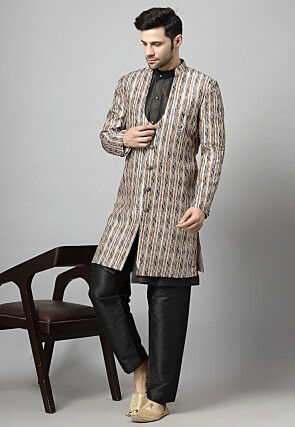 Digital Printed Raw Silk Sherwani in Multicolor and Black