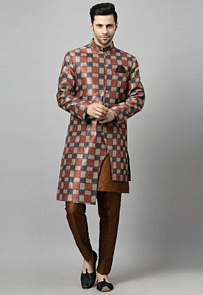 Digital Printed Raw Silk Sherwani in Multicolor