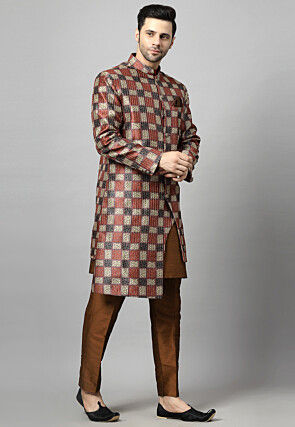 Digital Printed Raw Silk Sherwani in Multicolor