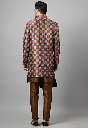 Digital Printed Raw Silk Sherwani in Multicolor