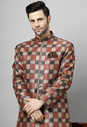 Digital Printed Raw Silk Sherwani in Multicolor