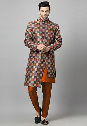 Digital Printed Raw Silk Sherwani in Multicolor