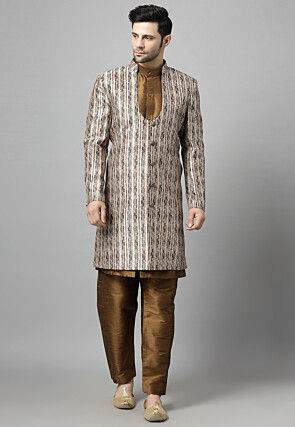 Digital Printed Raw Silk Sherwani in Muticolor