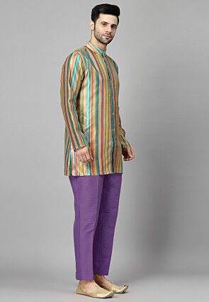 Digital Printed Raw Silk Short Kurta Set in Multicolor