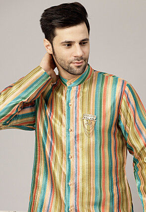 Digital Printed Raw Silk Short Kurta Set in Multicolor