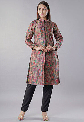 Digital Printed Raw Silk Straight Kurta Set in Brown