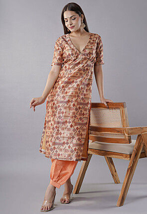 Digital Printed Raw Silk Straight Kurta Set in Peach