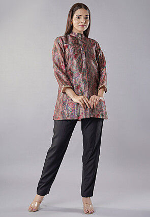 Digital Printed Raw Silk Tunic Set in Brown
