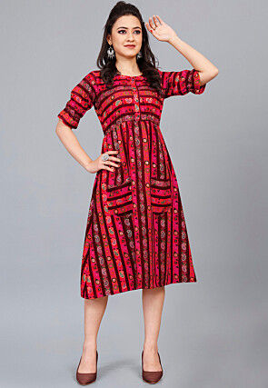Digital Printed Rayon A Line Dress in Multicolor