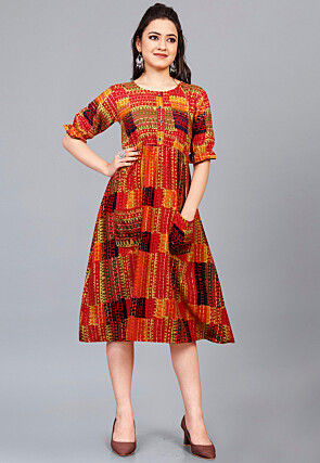 Digital Printed Rayon A Line Dress in Red and Multicolor
