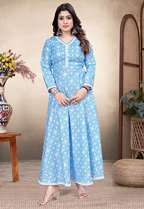 Digital Printed Rayon A Line Kurta in Blue