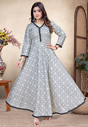 Digital Printed Rayon A Line Kurta in Grey