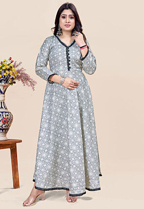 Digital Printed Rayon A Line Kurta in Grey