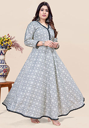 Digital Printed Rayon A Line Kurta in Grey
