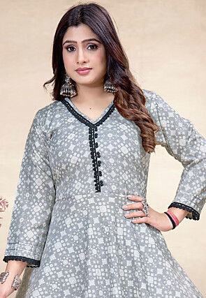 Digital Printed Rayon A Line Kurta in Grey