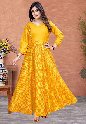 Digital Printed Rayon A Line Kurta in Yellow