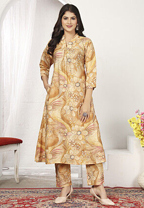 Digital Printed Rayon A Line Kurta Set in Beige