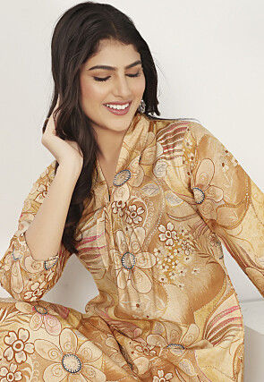 Digital Printed Rayon A Line Kurta Set in Beige